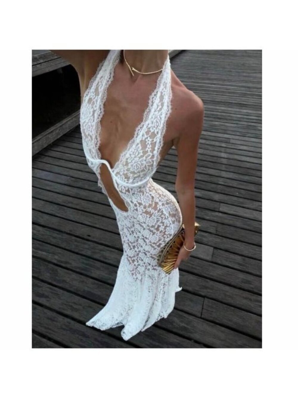 Brand New Boutique White Sheer Floral Lace Halter Maxi Dress Bridal Honeymoon